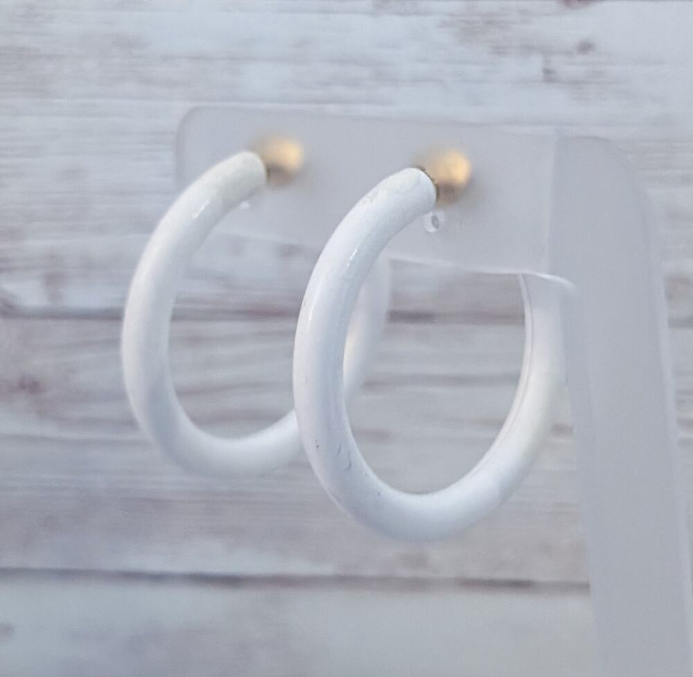 Vintage Clip On Earrings Retro Extra Large White Pressure Hoop - Fair Condition